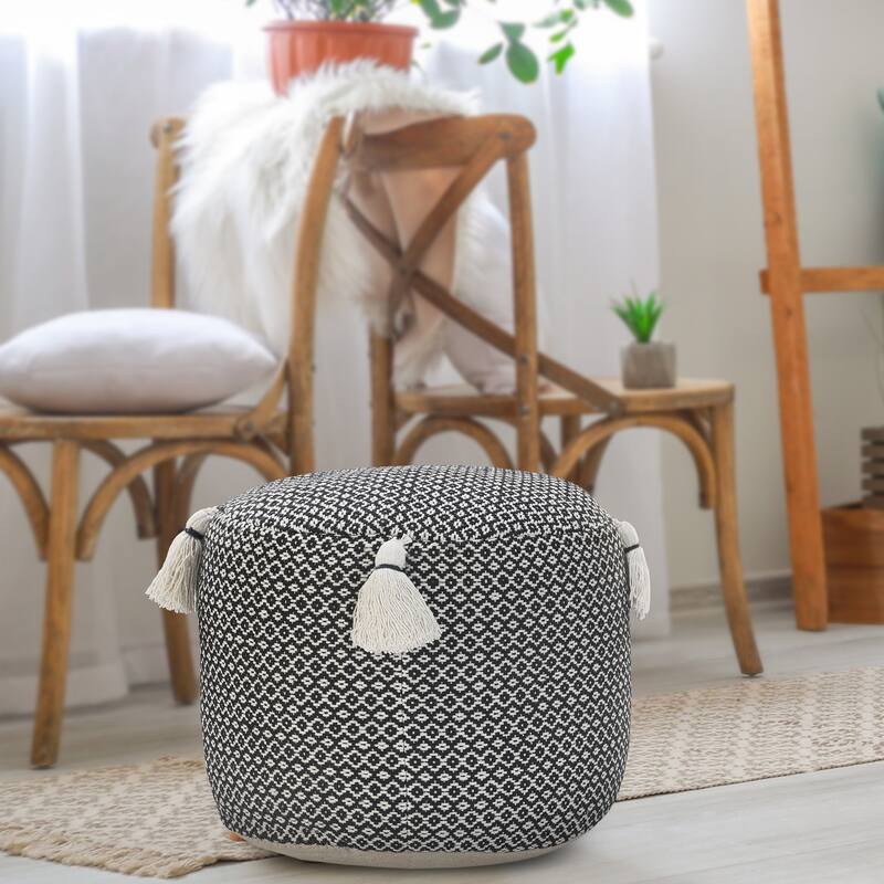 Zyad Farmhouse Black/White Geometric Handmade Round Pouf Ottoman by Sevita
