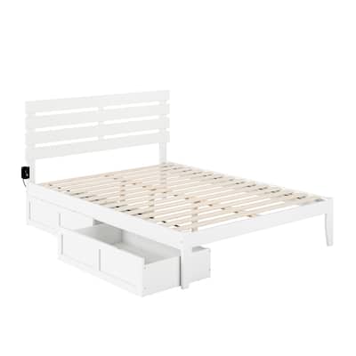 Queen Bed with USB Charger & Storage Drawers - Slat Kit Included, White