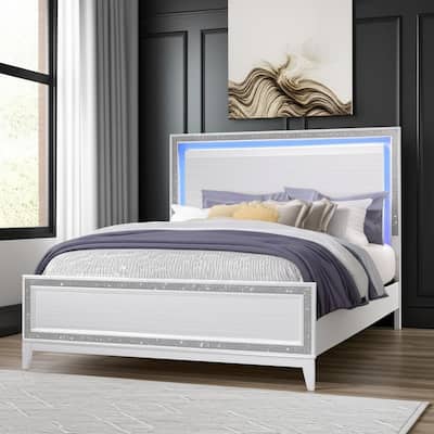 HomeRoots Silver and White Faux Crystal Bling Wood Lighted Full Bed Frame