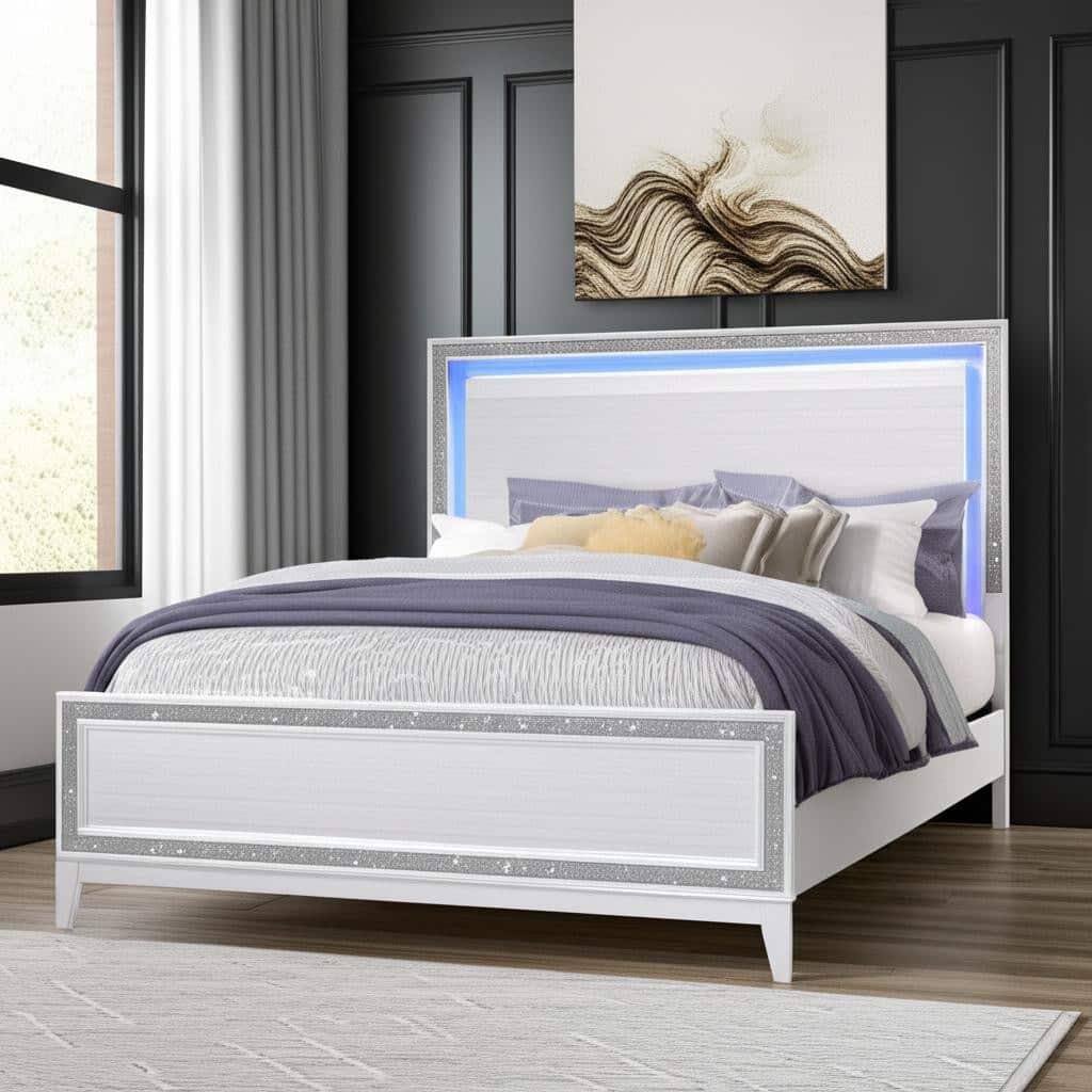 HomeRoots Silver and White Faux Crystal Bling Wood Lighted Full Bed Frame
