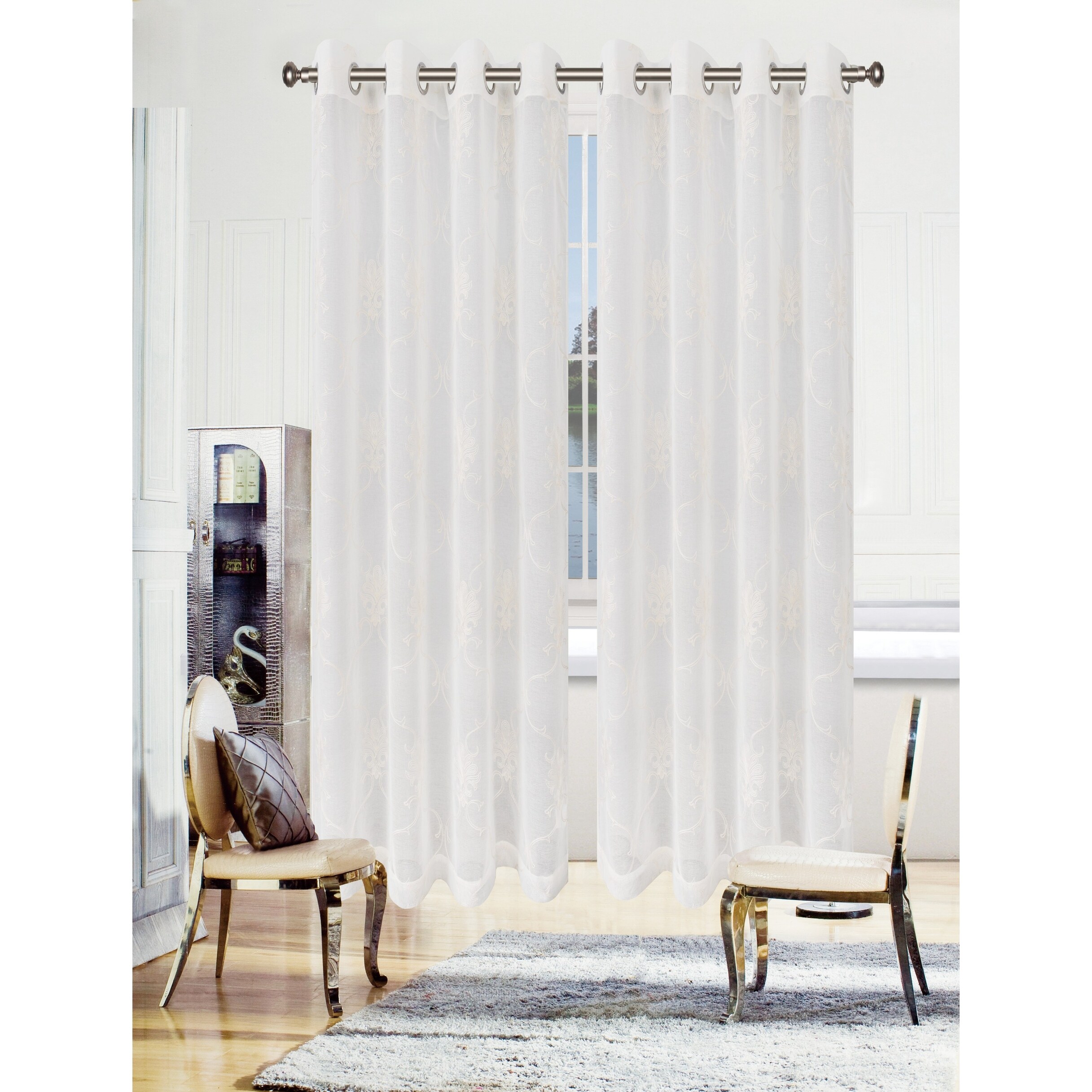 Deconovo White Semi Sheer Curtains with Gray Geometric Pattern, Grommet  Classic Sheer Curtains 52x63 inch, Voile Curtains for Bedroom, 2 Panels