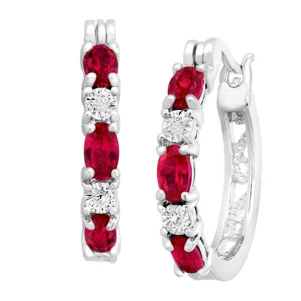 2 ct Created Ruby Hoop Earrings with Diamond Accents in Platinum-Plated Brass