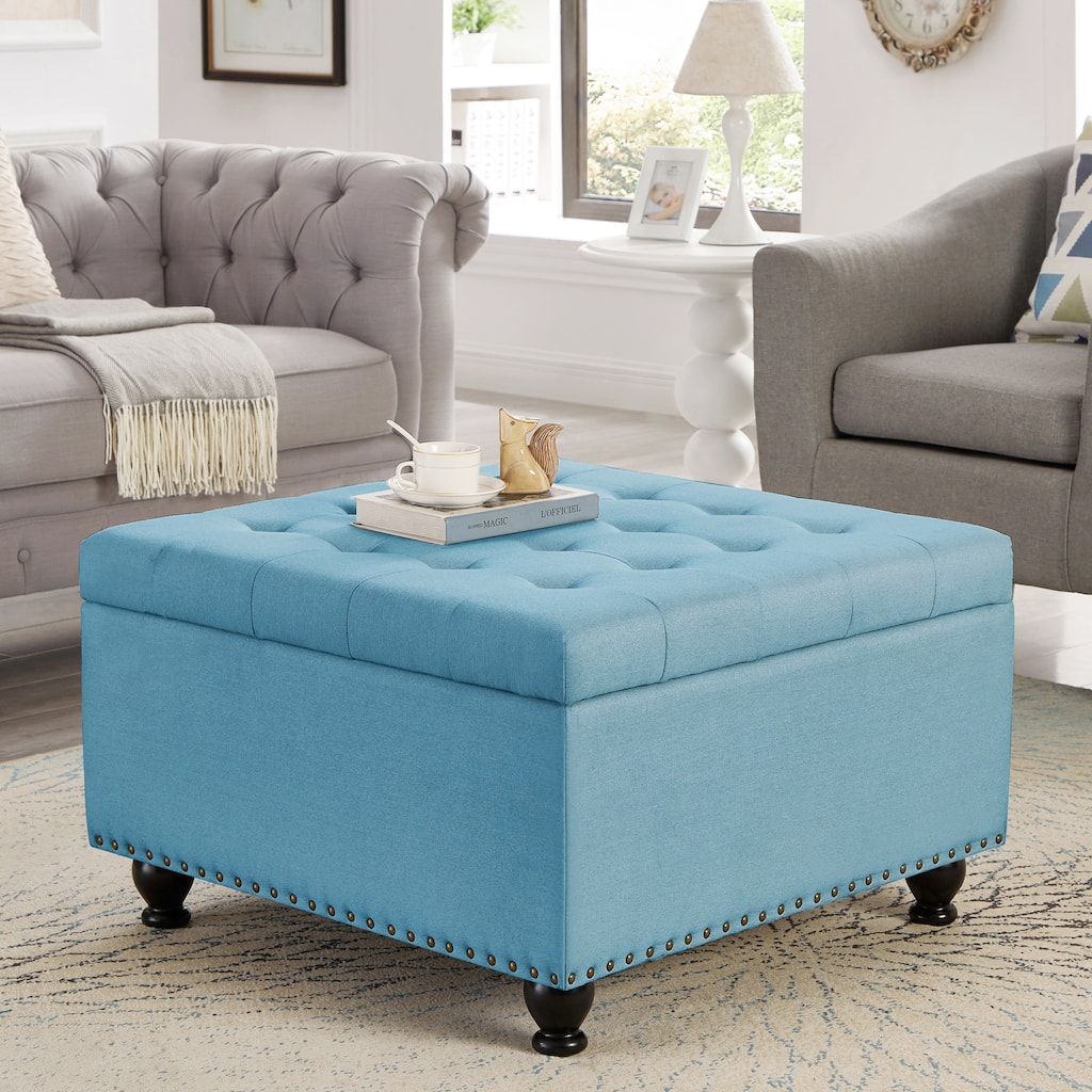Large square storage ottoman with wooden legs, Upholstered button tufted coffee table with nail trims