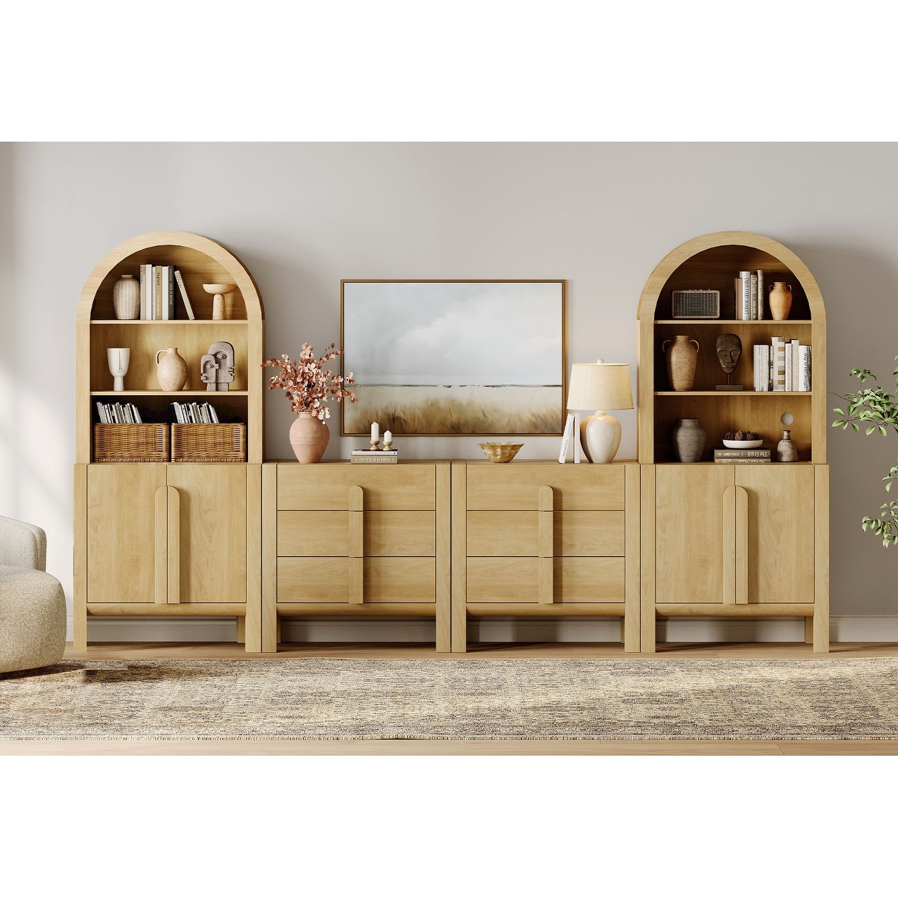 71"H X 126"W Tall Arched Bookshelf with 6 Drawers and 2 Cabinets, Modern 5-Tier Bookcase with Open Storage