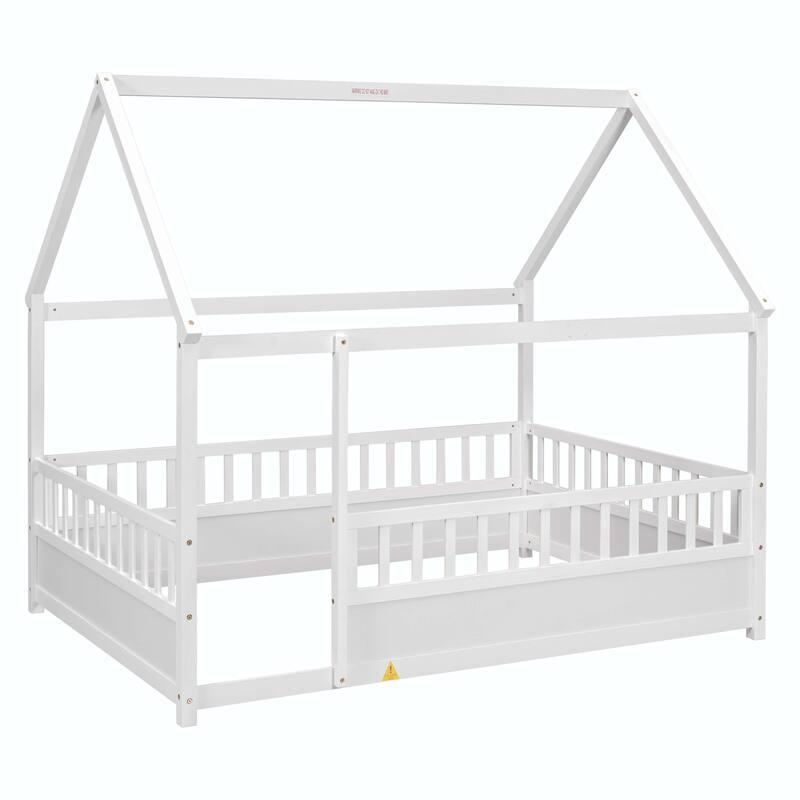 Full Size Floor Wooden Bed with Fence Guardrails