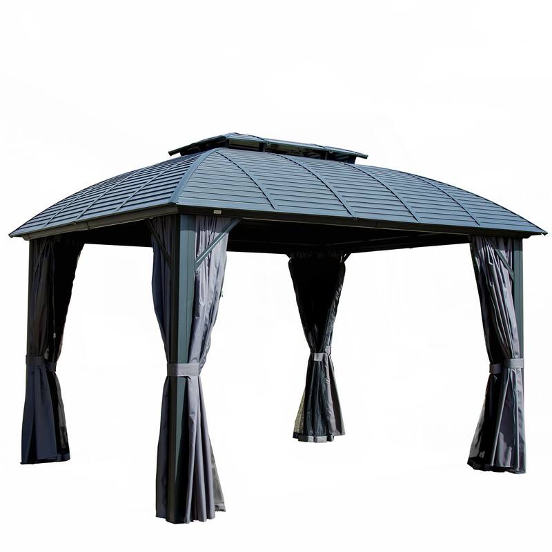 10'x12' Permanent Hardtop Gazebo with Aluminum Frame and Double Steel Roof for Outdoor Use - Black