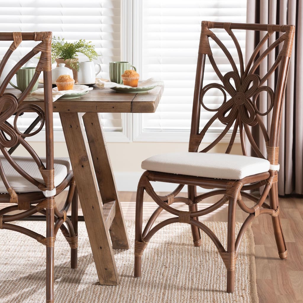Brama Natural Rattan Dining Chair with Decorative Backrest and Cushioned Seat, Boho Coastal Style Seating for Dining Room