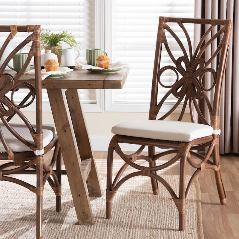 Brama Natural Rattan Dining Chair with Decorative Backrest and Cushioned Seat, Boho Coastal Style Seating for Dining Room
