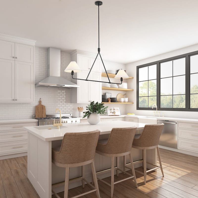 Farmhouse 2-Light Linear Kitchen Island Chandelier with White Fabric Lampshades