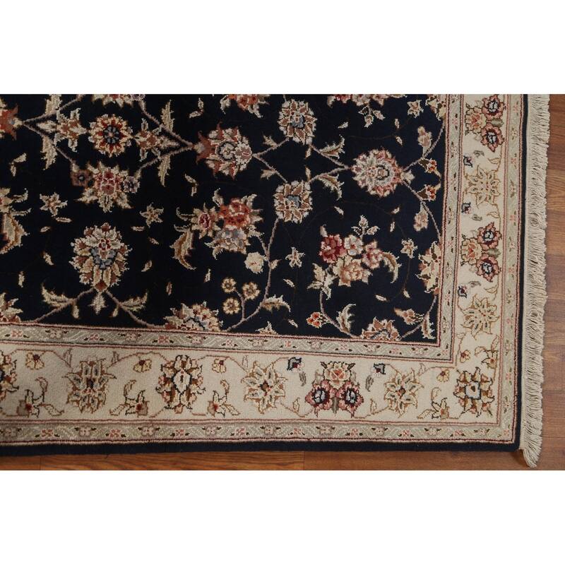 Hand Knotted Oriental Wool & Silk Carpet Traditional Floral Navy Blue & Blues Tabriz Area Rug - 4' 11'' X 3' 1''
