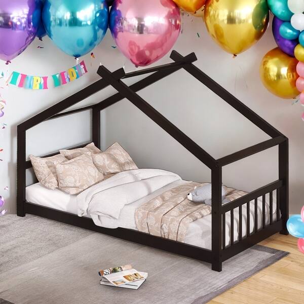 slide 2 of 8, Twin Size House Bed Wood Bed,Solid Construction for Home Espresso