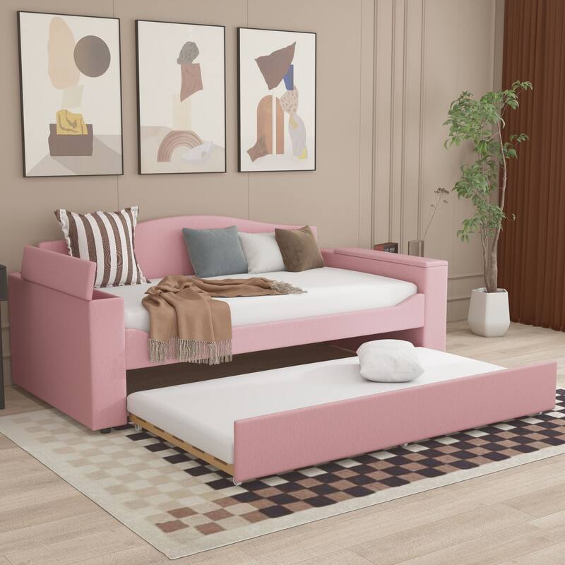 Sofa bed with storage arms, trundle bed and Bluetooth stereo