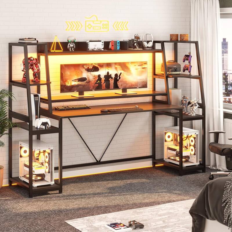 Gaming Desk LED Lights Hutch and Storage Shelves PC Gamer Desk