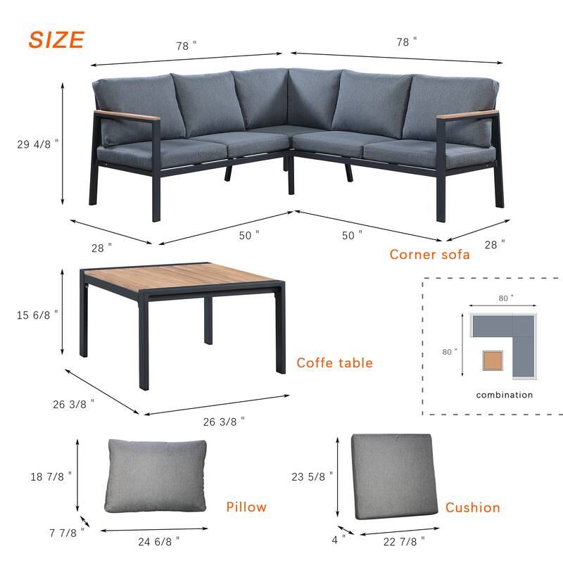 Patio 4 Piece Teak Finished Sectional Sofa, Matte Charcoal Aluminum Frame