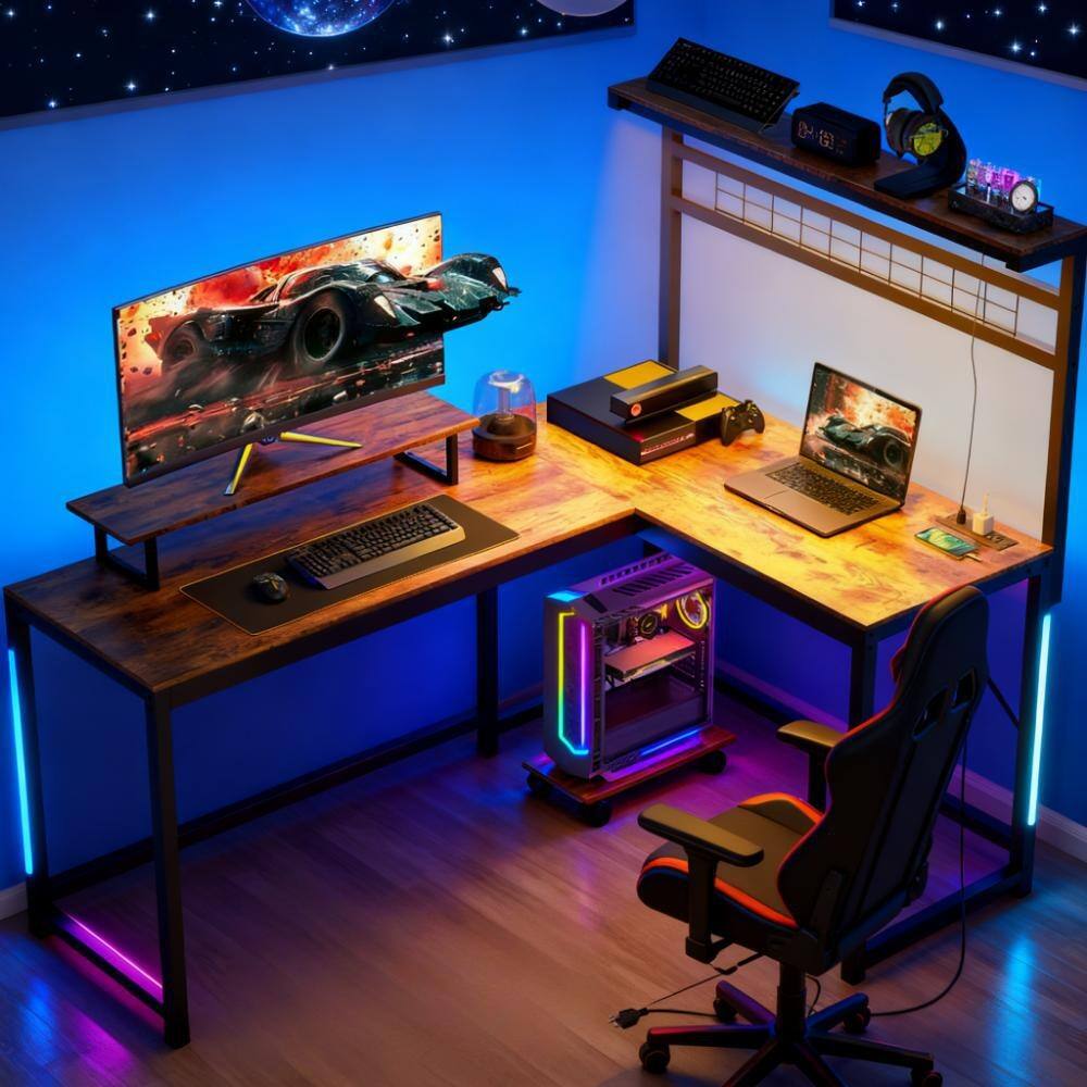 Computer Desk with Monitor Stand and CPU Shelf,L Shaped Gaming Desk with Power Outlets & LED Lights