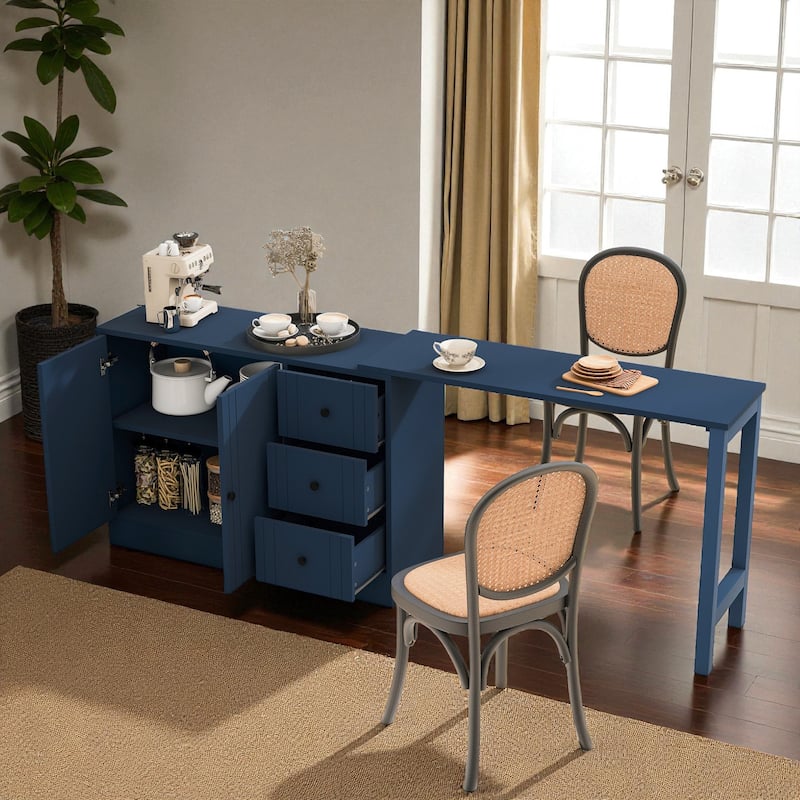 89.7" Wooden Sideboard Buffet Cabinet with Extendable Table, 2 Doors, 3 Drawers, Adjustable Shelf for Kitchen or Living Room