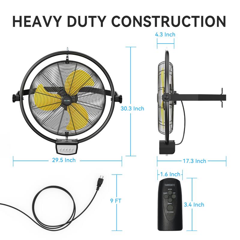 20" Industrial Black 3-Speed Commercial Grade Wall Fan with Remote