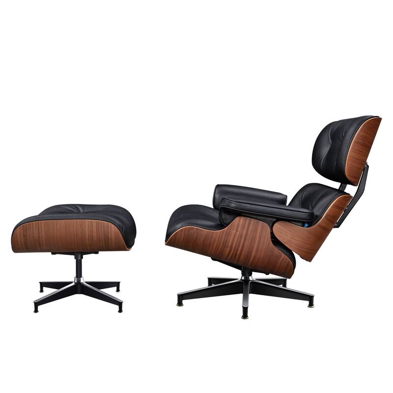 HomeRoots 28" Black and Light Brown Tufted Genuine Leather Lounge Chair With Ottoman - 28.30 in. x 29.00 in. x 20.50 in.