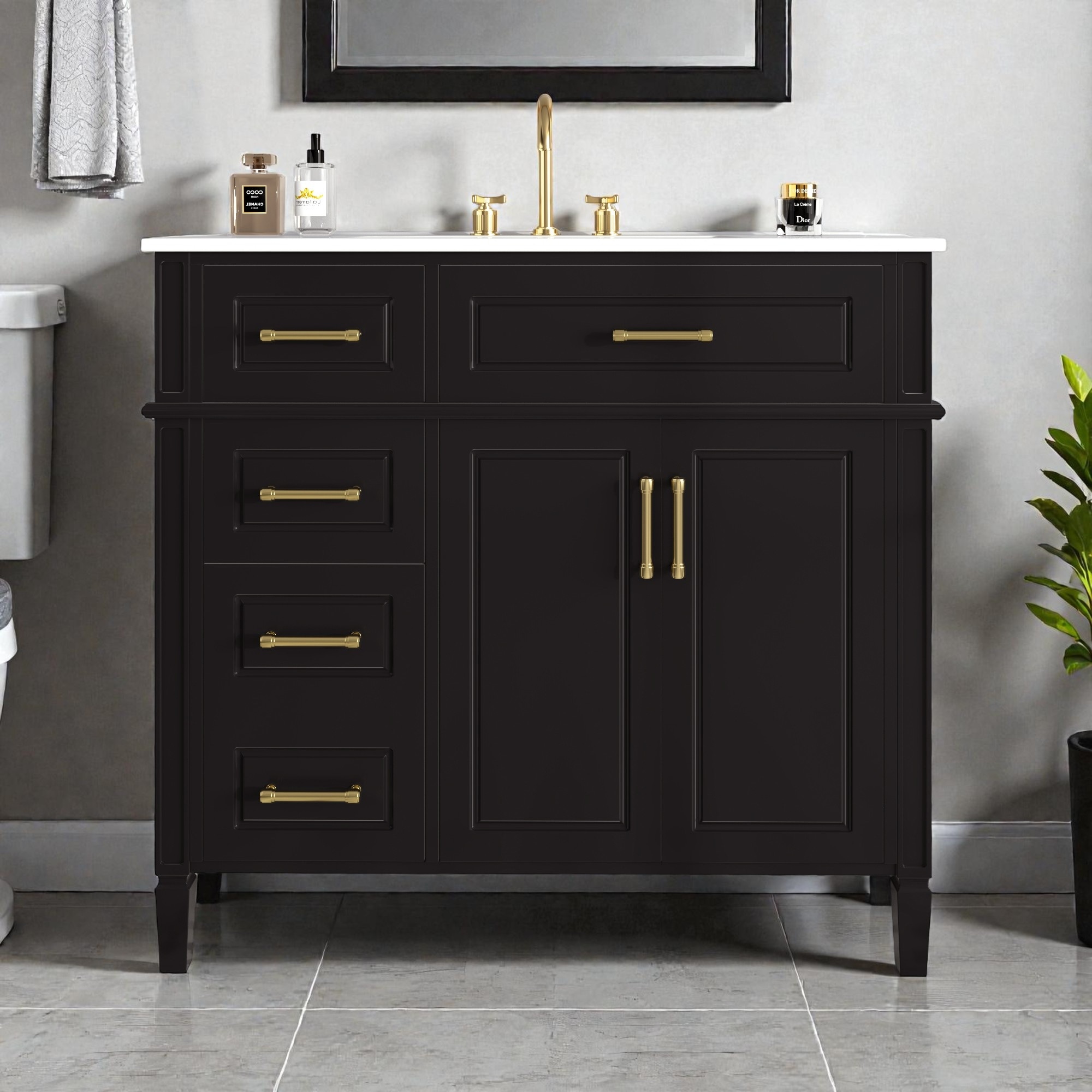 36 Inch Bathroom Vanity with Sink, Freestanding Single Sink Vanity with 4 Drawers and 2 Doors, Ceramic Basin - Solid Wood+MDF