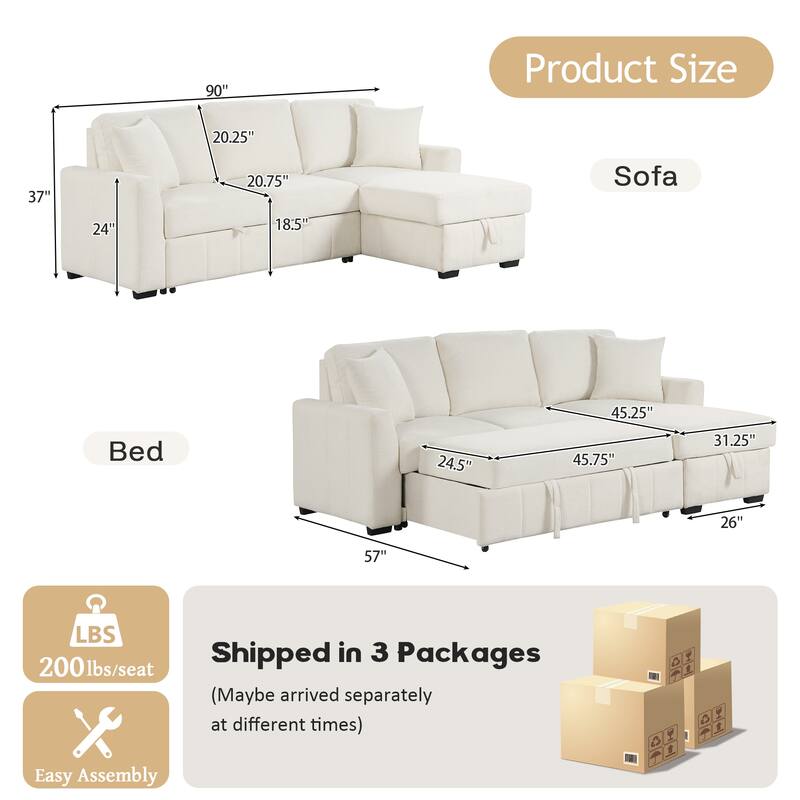 L-Shaped Convertible Sleeper Sectional Sofa with Reversible Storage Chaise and Drop-Down Console with Dual Cup Holders