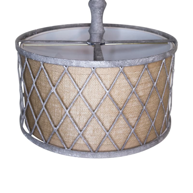 HomeRoots Gray Drum Distressed Galvanized Metal Dimmable Chandelier With Natural Shade - 26.00' X '16.00' X '26.00