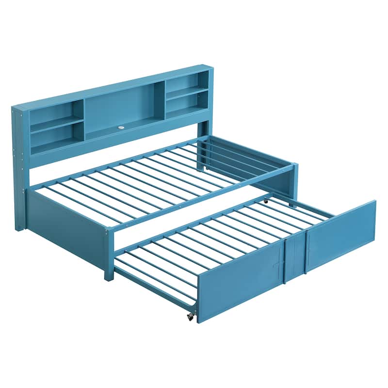 Twin Metal Daybed with Trundle, Shelves & USB