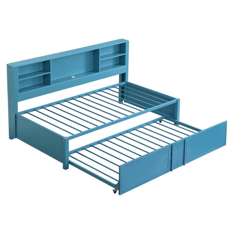 Twin Size Daybed with Trundle and Built-In Storage Shelves - Metal Frame with USB Ports, Perfect for Guest Rooms