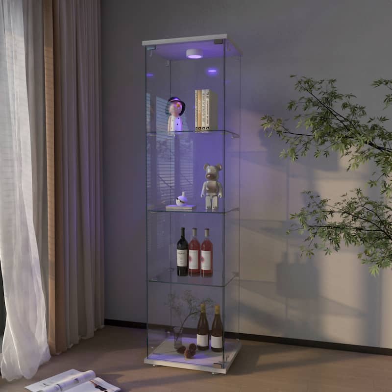 Modern Glass Display Cabinet with LED lights, Quick-assembly Antique Cabinet, Tempered Glass Bookshelf
