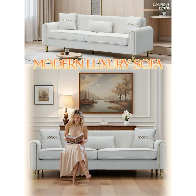 Roomfitters 87.4 Inch 3 Seater Elegant Modern Upholstered Sofa with Gold Metal Trim, Vertical Channel Tufted Back