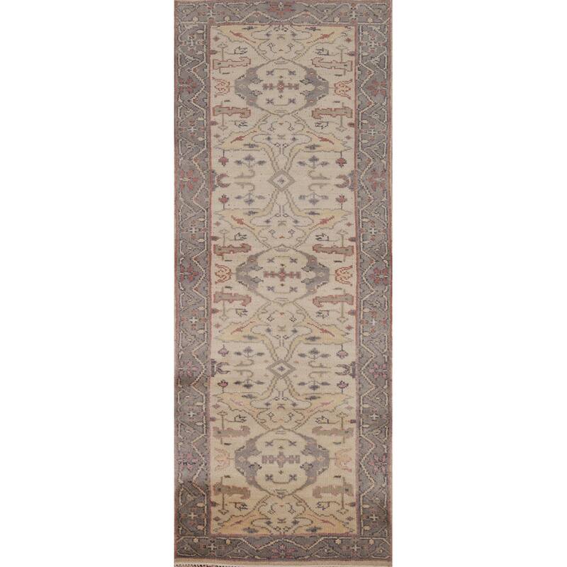 All-Over Beige Oushak Oriental Runner Rug Handmade Wool Carpet - 2'7" x 7'8"