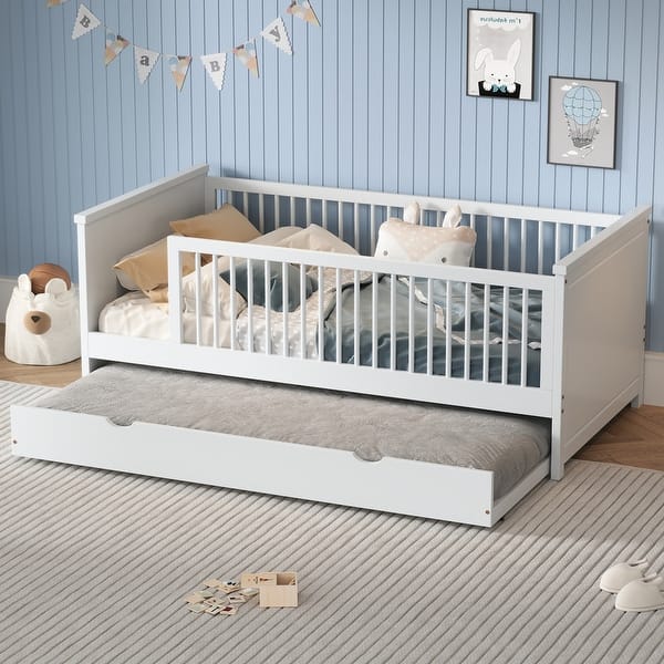 slide 2 of 12, Wood Twin Size Platform Bed with Guardrail and Trundle White