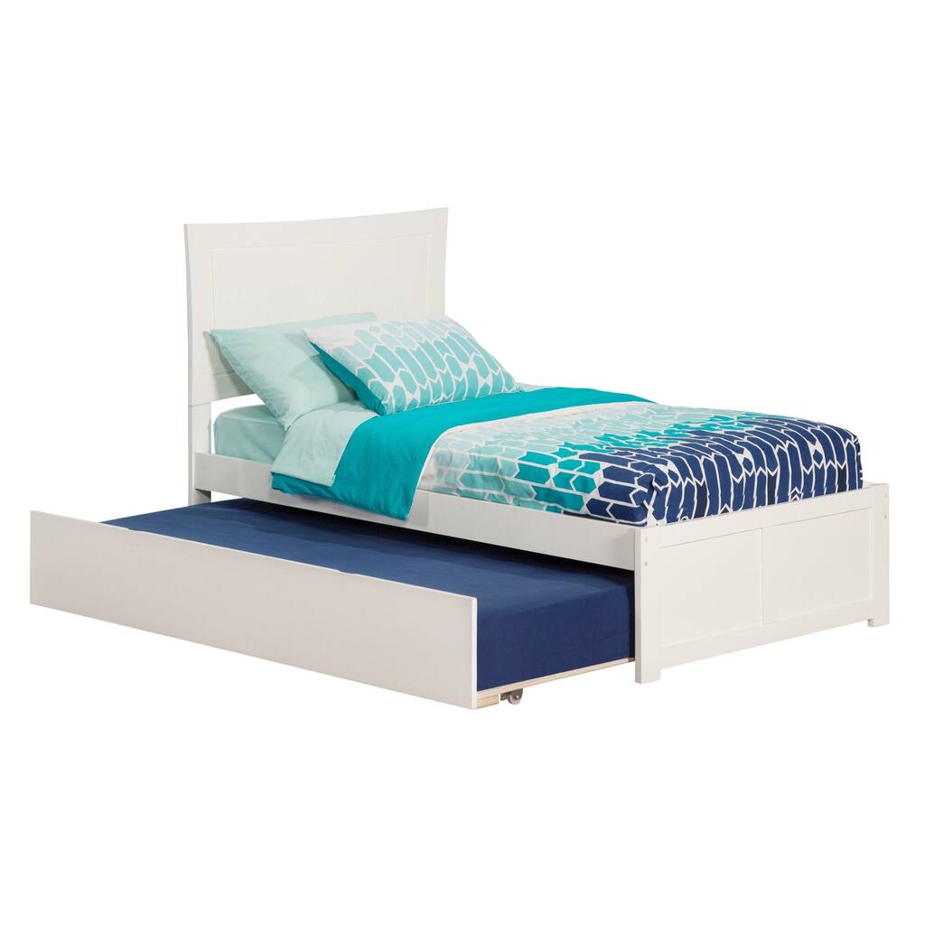 Twin Platform Bed with Trundle & USB Charger - White Finish, Curved Headboard, Extra Sleeping Space