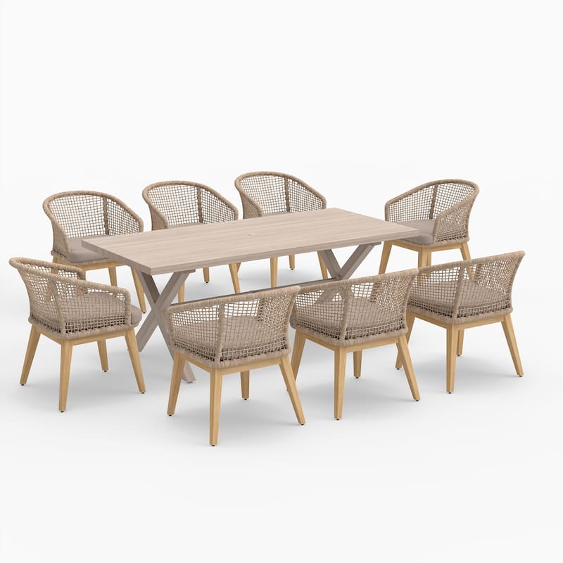 Acacia Wood & Aluminum Outdoor Dining Set - 8 Rope-Woven Chairs with X-Base Table & Umbrella Hole