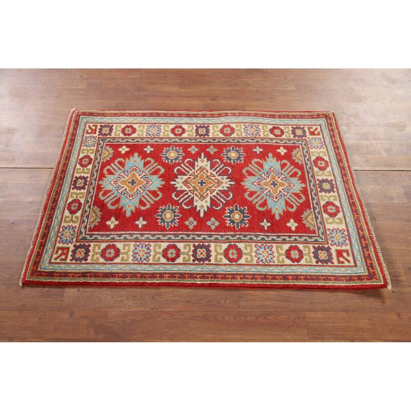 Red Kazak Foyer Rug Handmade Geometric Wool Carpet - 2'9" x 3'10"