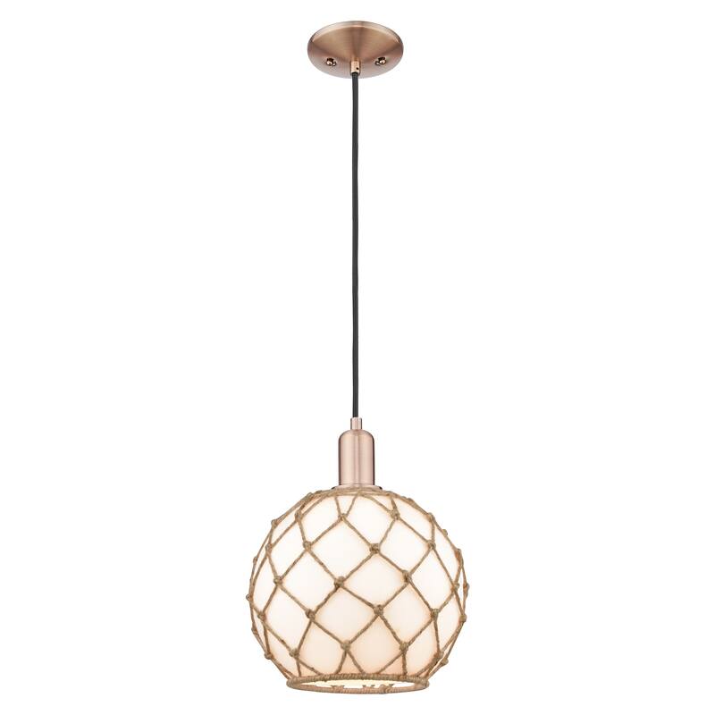 Innovations Lighting Endless Possibilities Arcadia - Farmhouse Rope - 1 Light 10" Cord Hung Mini Pendant - White Glass with Brown Rope/Antique Copper