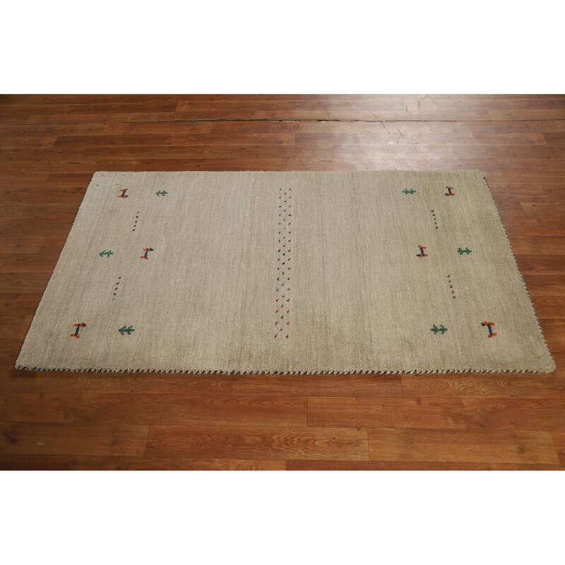 Hand Knotted Oriental 100% Wool Carpet Tribal Animal Pictorial Beige & Ivories Gabbeh Area Rug - 4' 10'' X 2' 10''