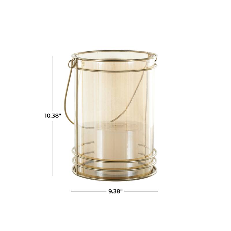 Metal Indoor Outdoor Candle Lantern with Thin Circular Rods and Tinted Glass - Gold - Roche River Decor