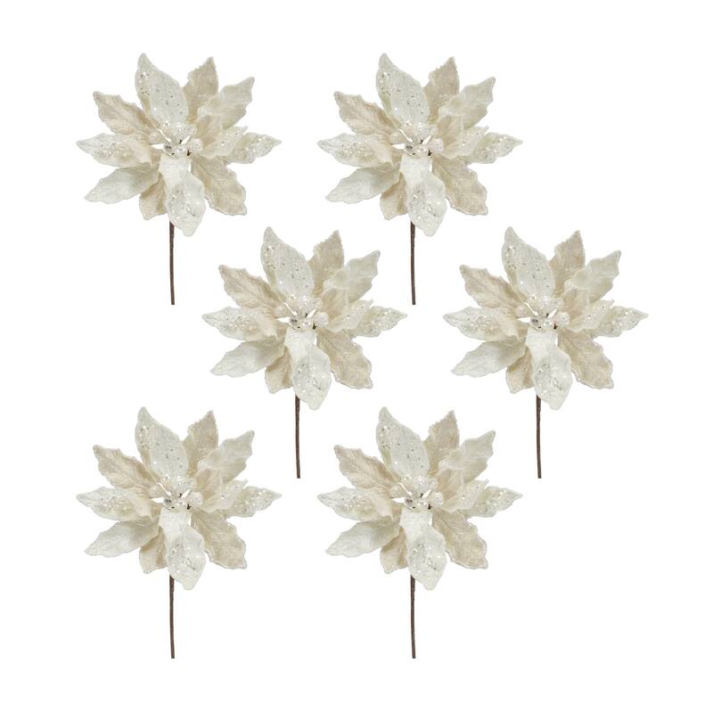 Ivory Velvet Poinsetta Stem with Gold Bead Accents (Set of 6) - N/A
