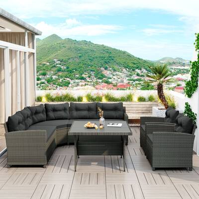 6-Piece Outdoor Patio Rattan Dining Wicker Sectional Sofa Set with Plywood Table Top, Thick Cushions and Pillows
