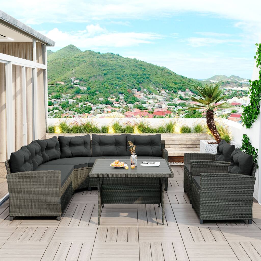 6Pcs Round Patio Furniture Corner Sectional Rattan Sofa Set with Cushion&Pillow