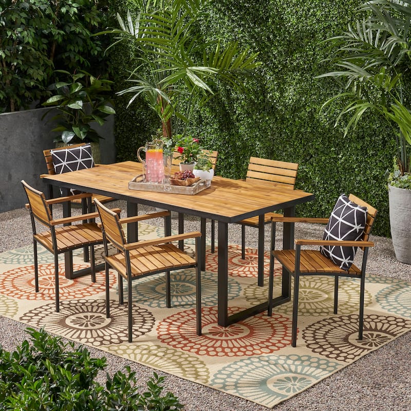 Laris Outdoor 6-Seater Wood Dining Set by Christopher Knight Home - Teak Finish+Black