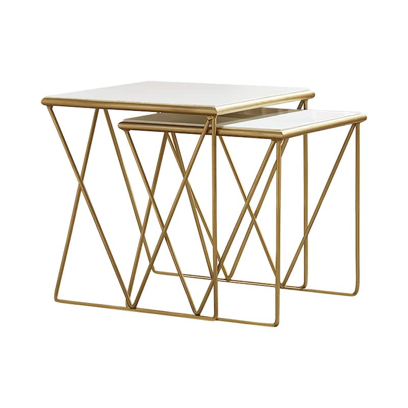 2 Piece Marble Top Nesting Table with Geometric Base, White and Gold