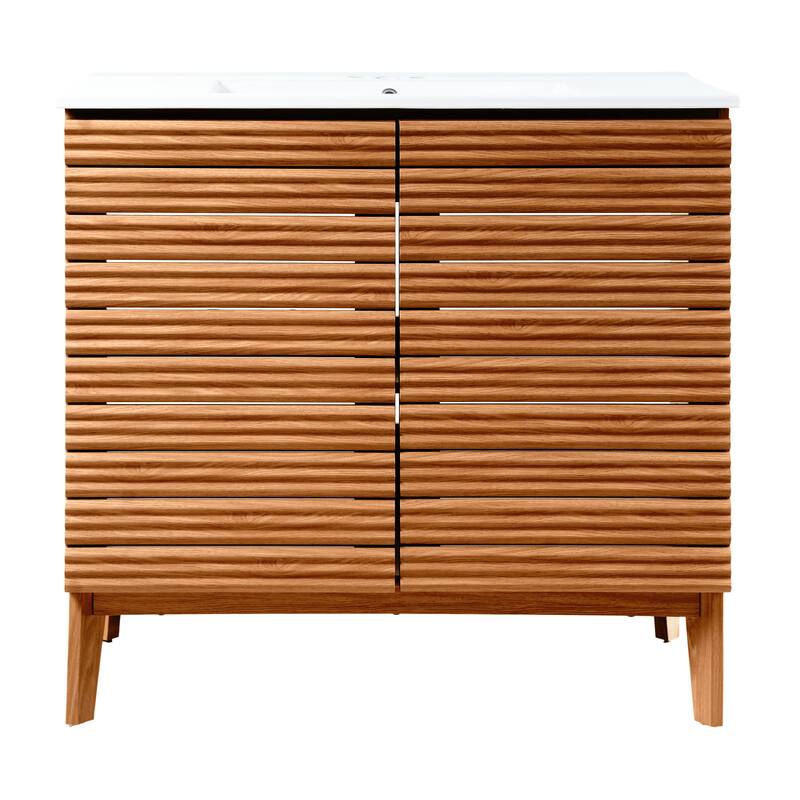 Javer Thin Linear Slat Modern Farmhouse 2-Shelf Bath Vanity Cabinet Only (Sink Basin not Included), by JONATHAN Y - 36 in. - Walnut