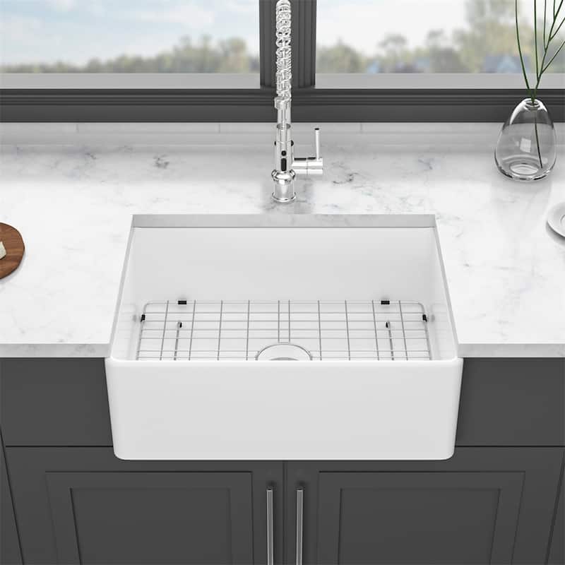 28" Kitchen Sink Ceramic Single Bowl w/Drain Assembly and Bottom Grid