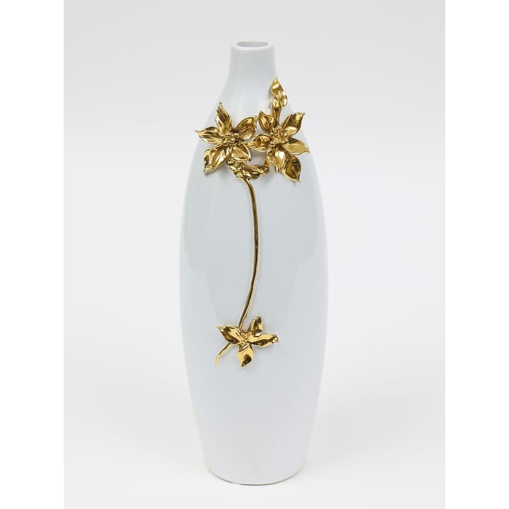 Tall White Vase with Gold Flower Design