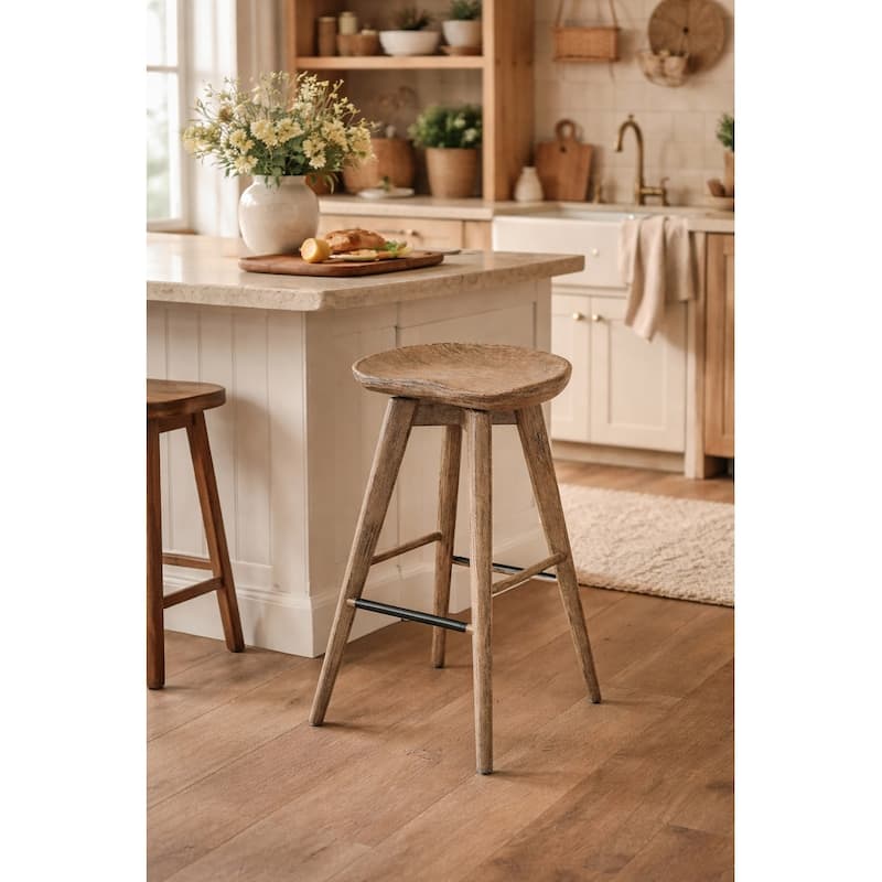 Bali Backless Wood Swivel Indoor Barstool - Barnwood Wire-Brush - Bar Height