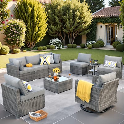 HOOOWOOO 9-piece Grey Wicker Patio Outdoor Sectional Set with Swivel Rocking Chair