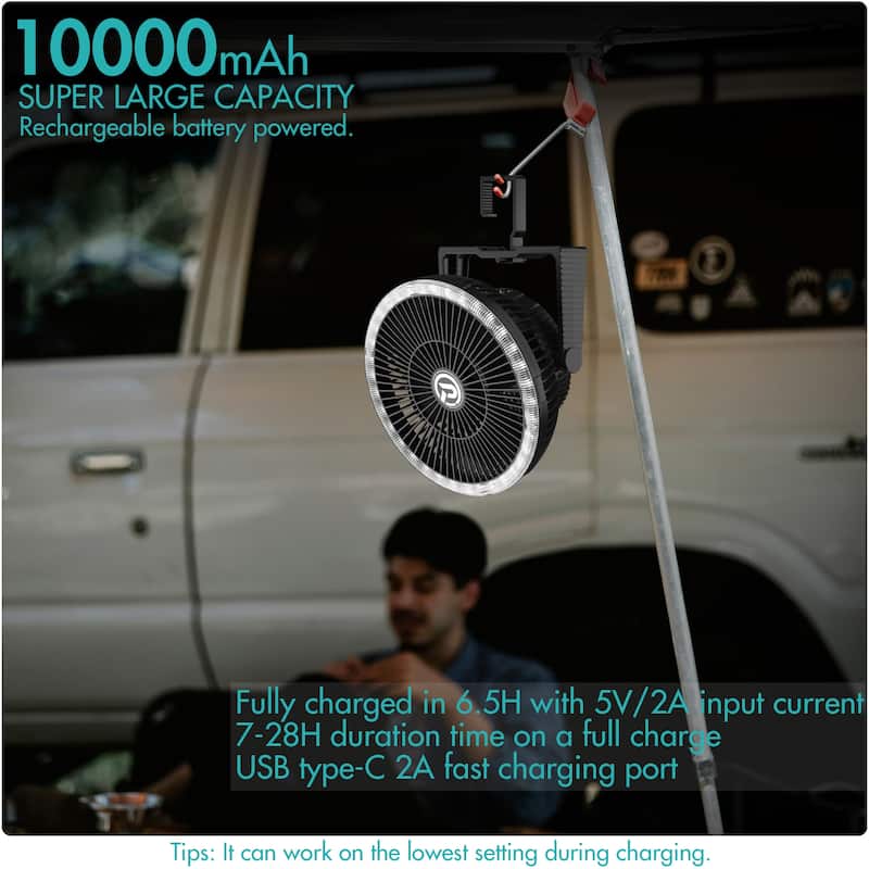 10000mAh 8-Inch Rechargeable Battery Powered Tent Fan