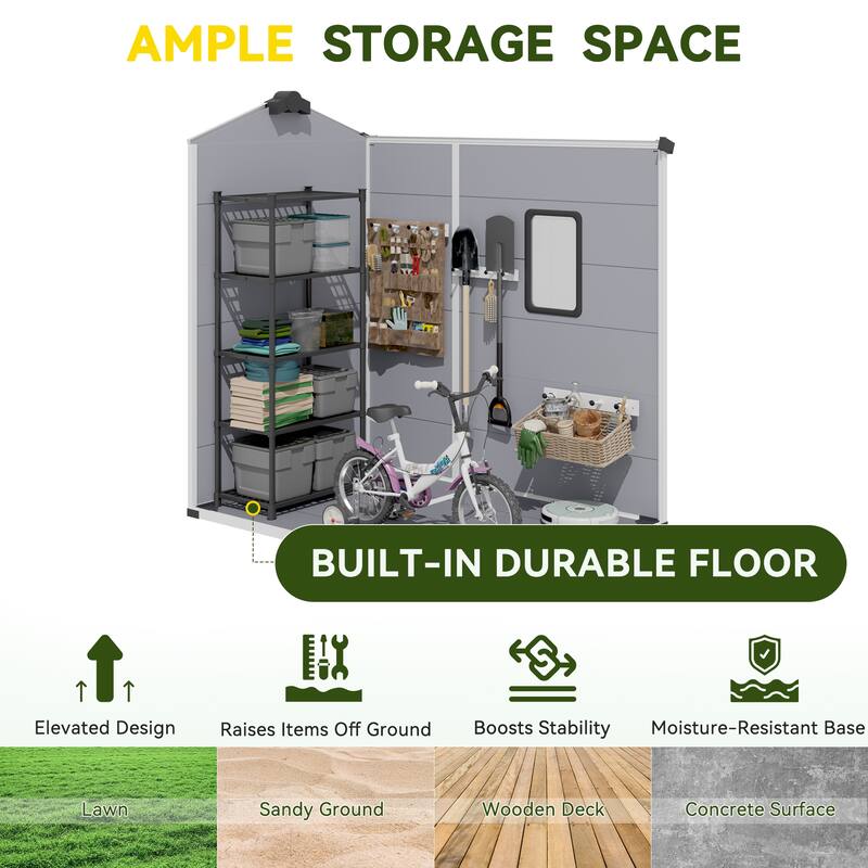 EROMMY Outdoor Storage Shed with Built-In Floor, Lockable Double Doors & Sloped Roof, Gray/Black