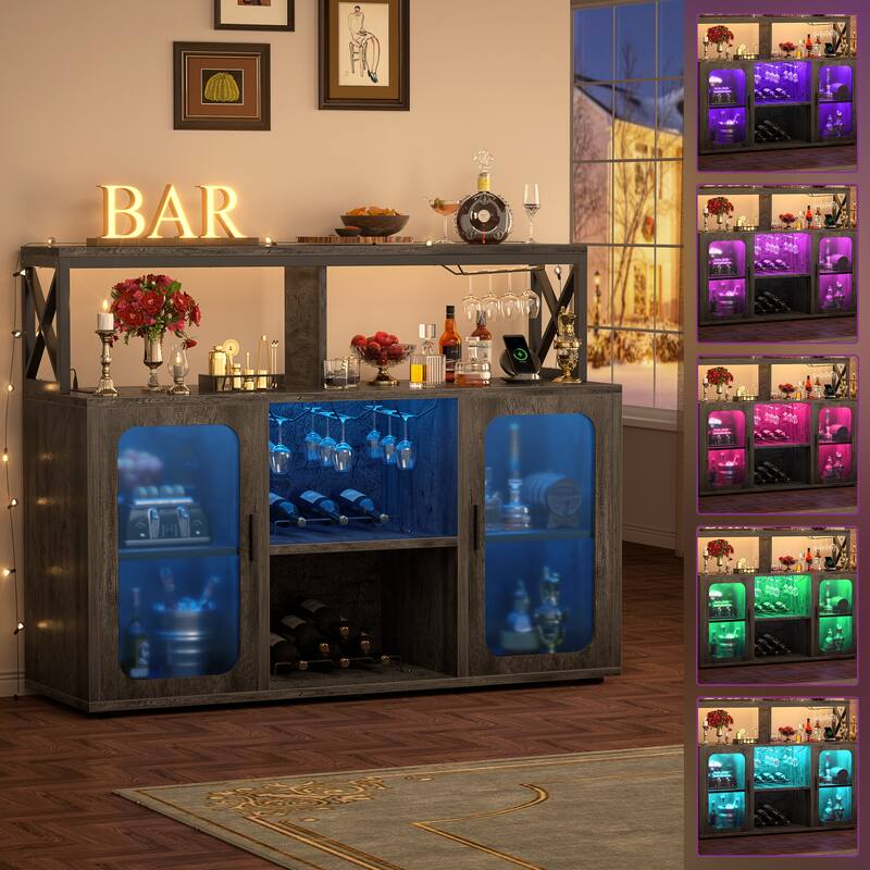 Buffet Sideboard Cabinet Wood Coffee Bar Cabinet with Charging Station and LED lights